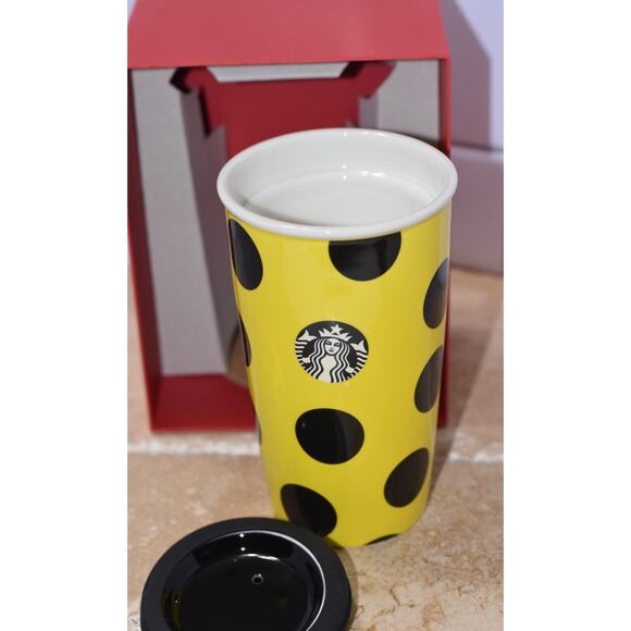 2015 STARBUCKS Siren Yellow w/ Black polka dots Ceramic Travel Cup/Mug 12oz NWT - Picture 1 of 7